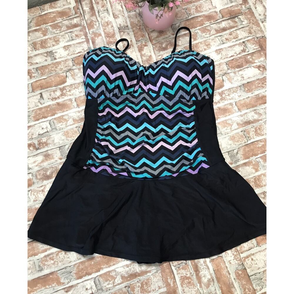 TROPICAL ESCAPE Tankini Swimsuit Top Dres PADDED Zig Zag Multicolor Stripe SZ 14